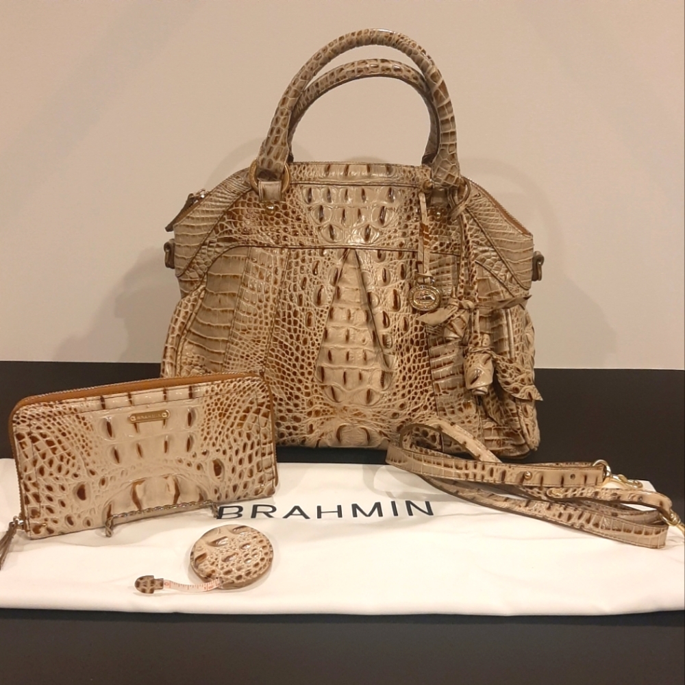 nwot BRAHMIN Louise Rose Moonlight Lady Melbourne Bag, Wallet & Tape measure set